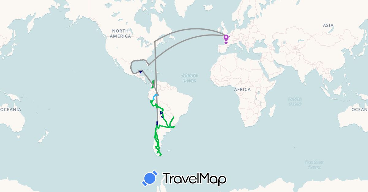 TravelMap itinerary: driving, bus, plane, train, hiking, boat, hitchhiking in Argentina, Bolivia, Canada, Chile, Colombia, France, Mexico, Peru, United States, Uruguay (Europe, North America, South America)